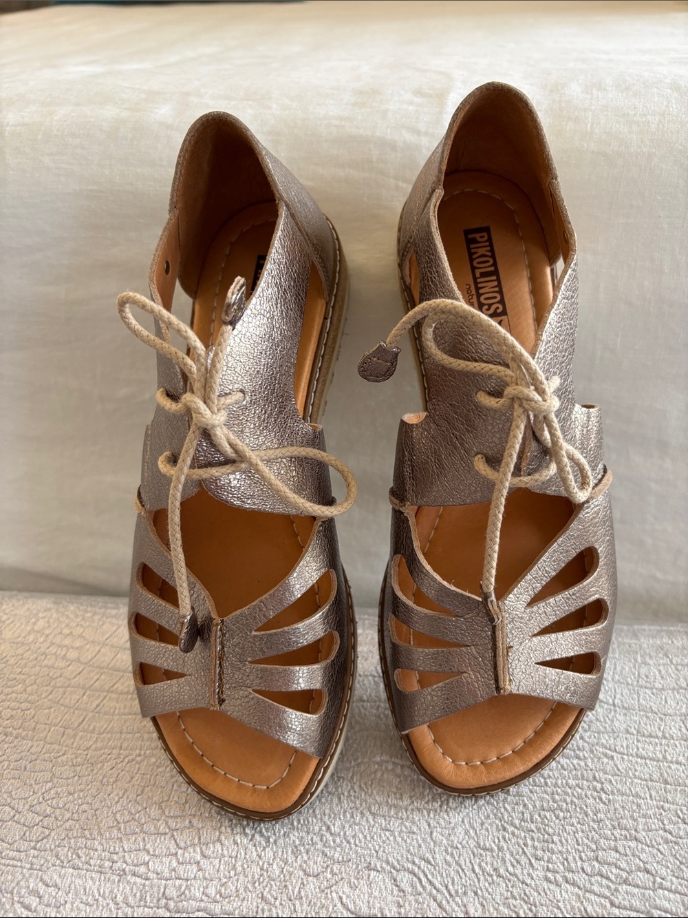 PIKOLINOS Metallic Taupe/Gold Lace-Up Cutout Sandals